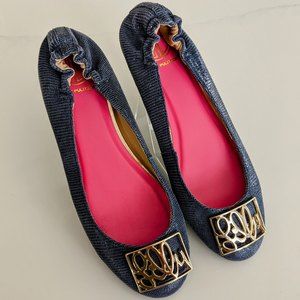 Women's Lilly Pulitzer Blue Metallic Logo Leather Ballet Flats Size 8M